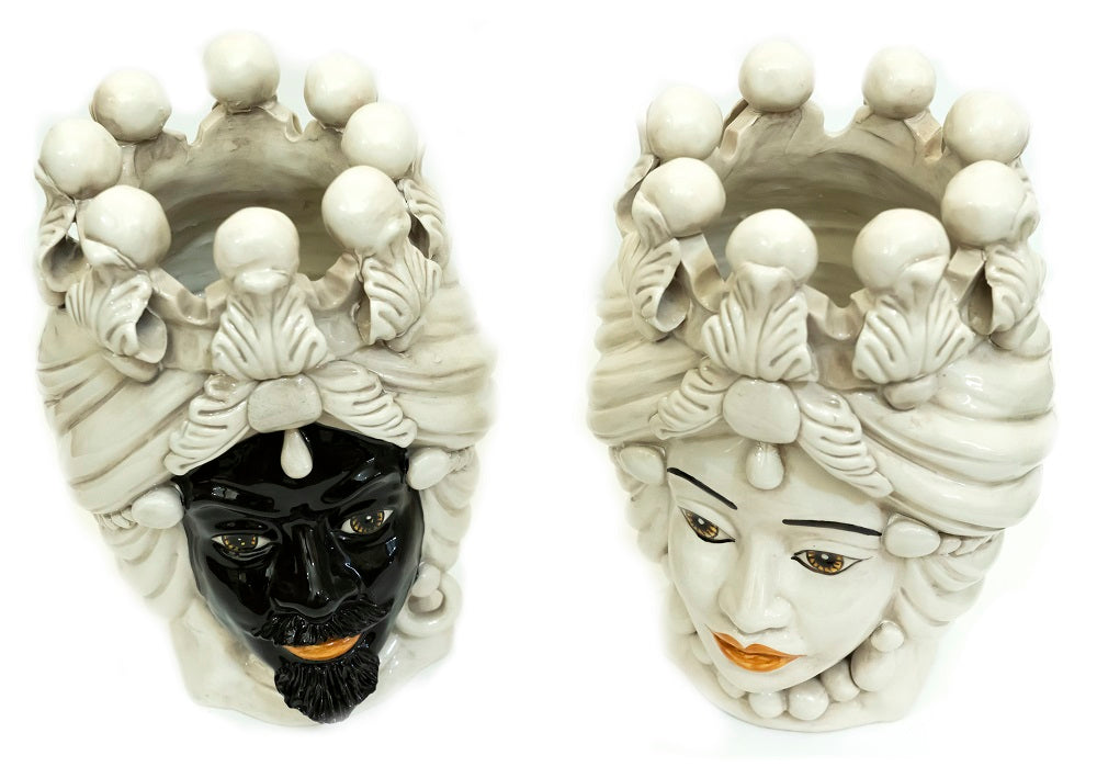 Pair of Sicilian ceramic Moor's heads from Caltagirone h30cm art. fumè 