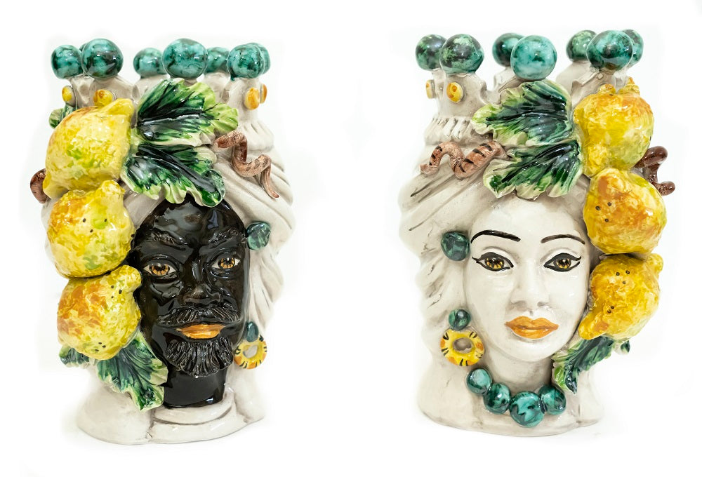 Pair of Sicilian ceramic Moor's heads from Caltagirone h20cm art. lemons 