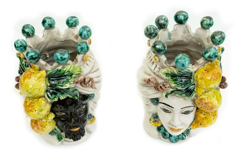 Coppia teste di moro in ceramica siciliana di Caltagirone h20cm art. limoni