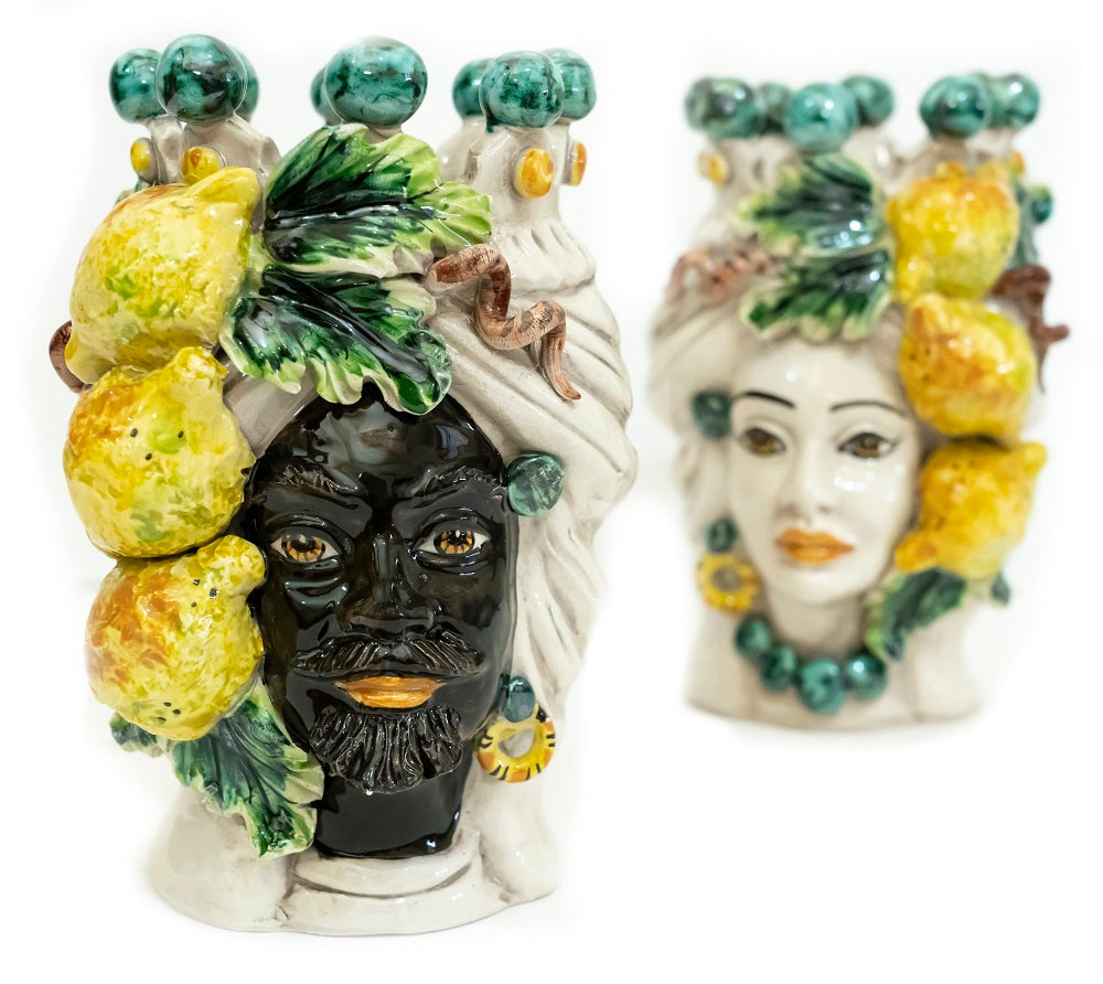 Coppia teste di moro in ceramica siciliana di Caltagirone h20cm art. limoni