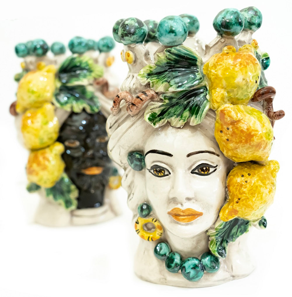 Pair of Sicilian ceramic Moor's heads from Caltagirone h20cm art. lemons 