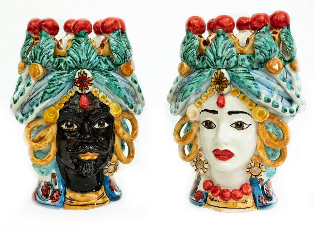 Coppia teste di moro in ceramica siciliana di Caltagirone h20cm art. cerchi