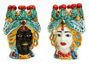 Coppia teste di moro in ceramica siciliana di Caltagirone h20cm art. cerchi