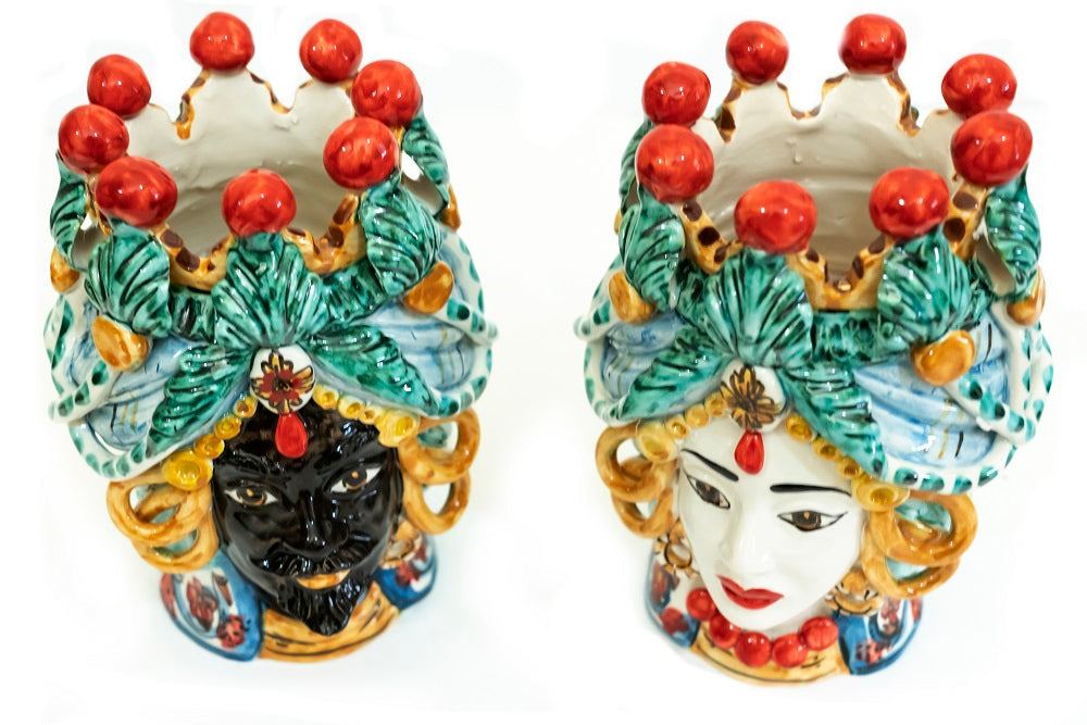 Coppia teste di moro in ceramica siciliana di Caltagirone h20cm art. cerchi