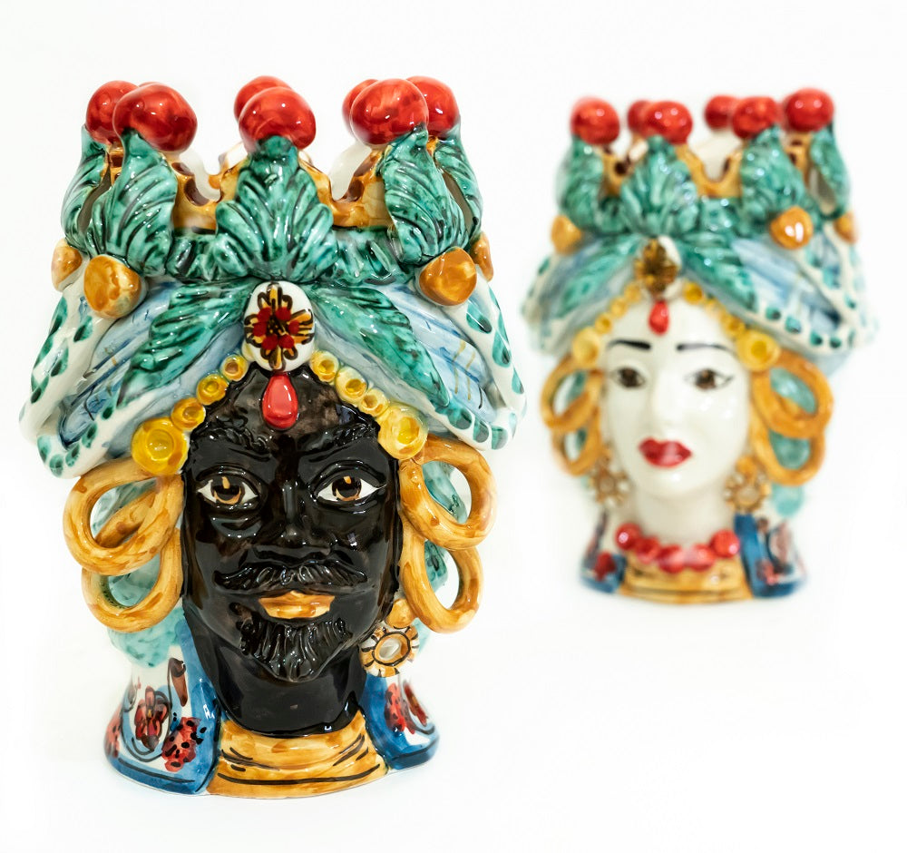 Coppia teste di moro in ceramica siciliana di Caltagirone h20cm art. cerchi