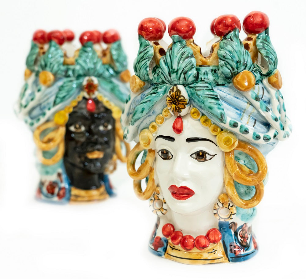 Coppia teste di moro in ceramica siciliana di Caltagirone h20cm art. cerchi