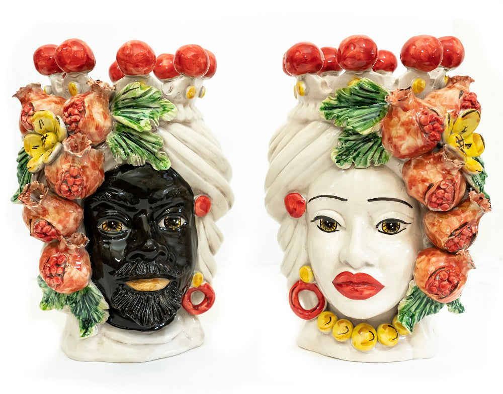 Pair of Sicilian ceramic Moor's heads from Caltagirone h30cm art. pomegranate 