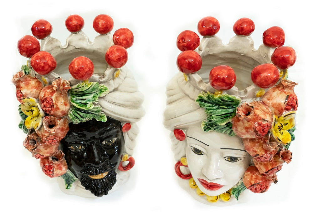Pair of Sicilian ceramic Moor's heads from Caltagirone h30cm art. pomegranate 
