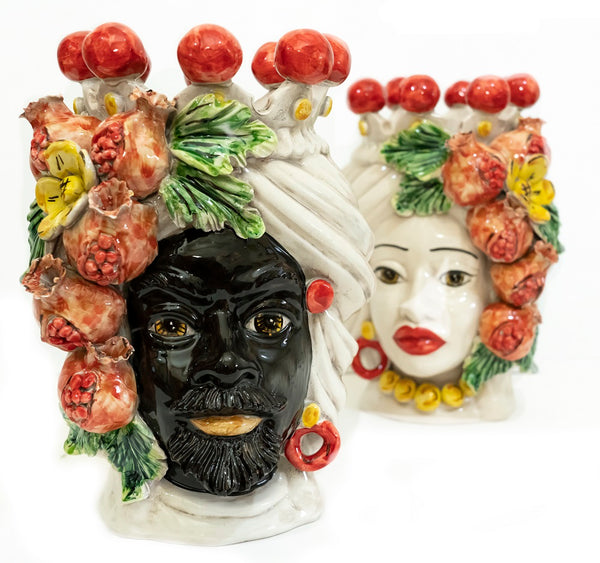 Coppia teste di moro in ceramica siciliana di Caltagirone h30cm art. melograno