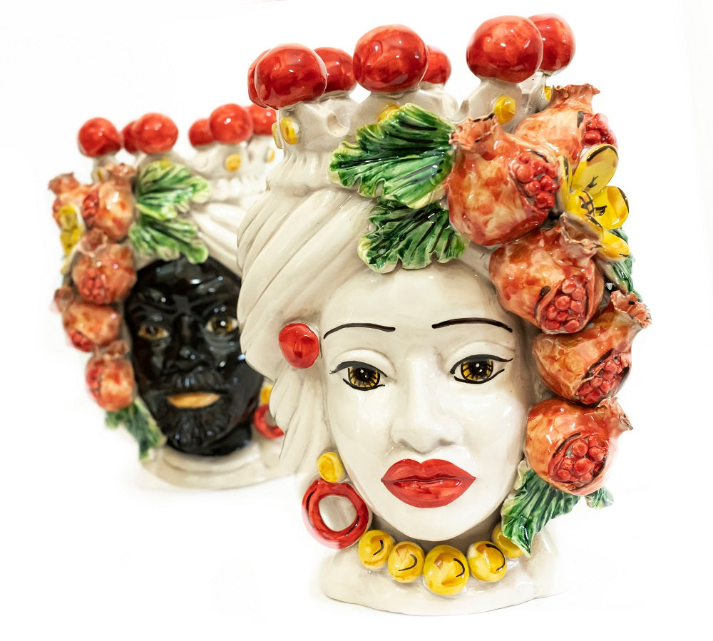 Pair of Sicilian ceramic Moor's heads from Caltagirone h30cm art. pomegranate 