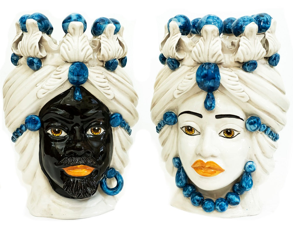 Pair of Sicilian ceramic Moor's heads from Caltagirone h30cm art. blue 