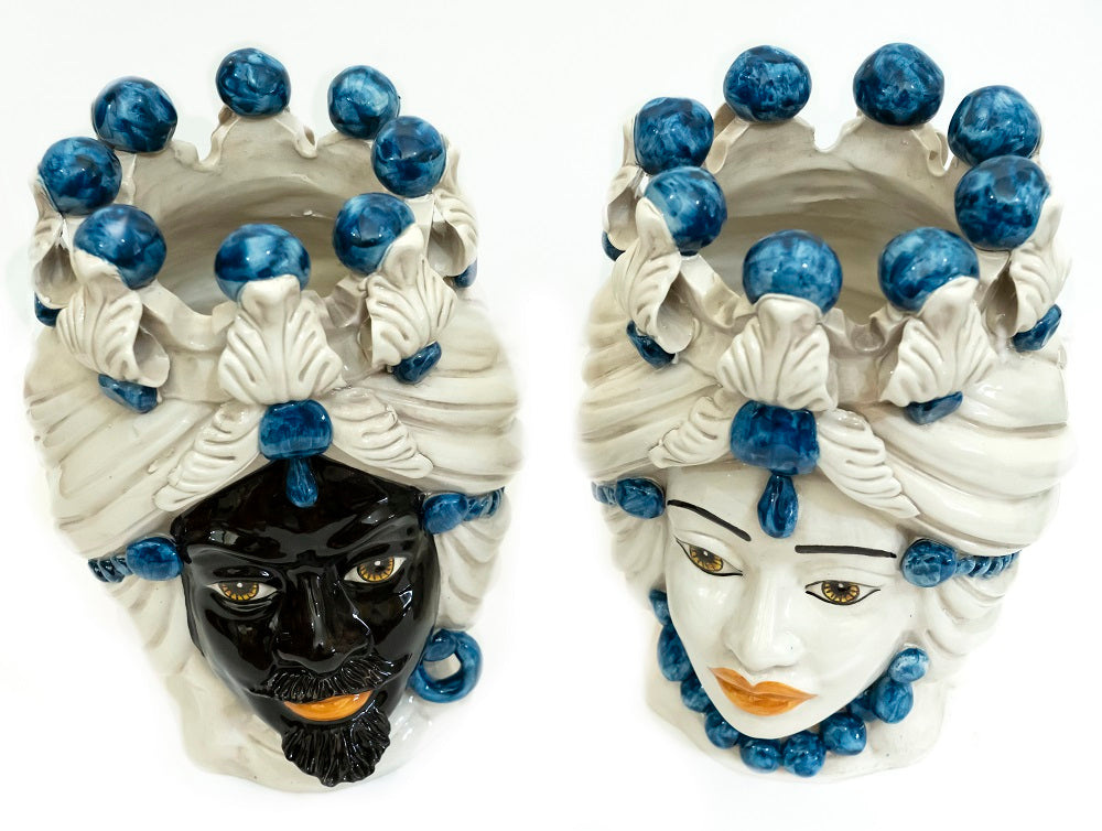Pair of Sicilian ceramic Moor's heads from Caltagirone h30cm art. blue 