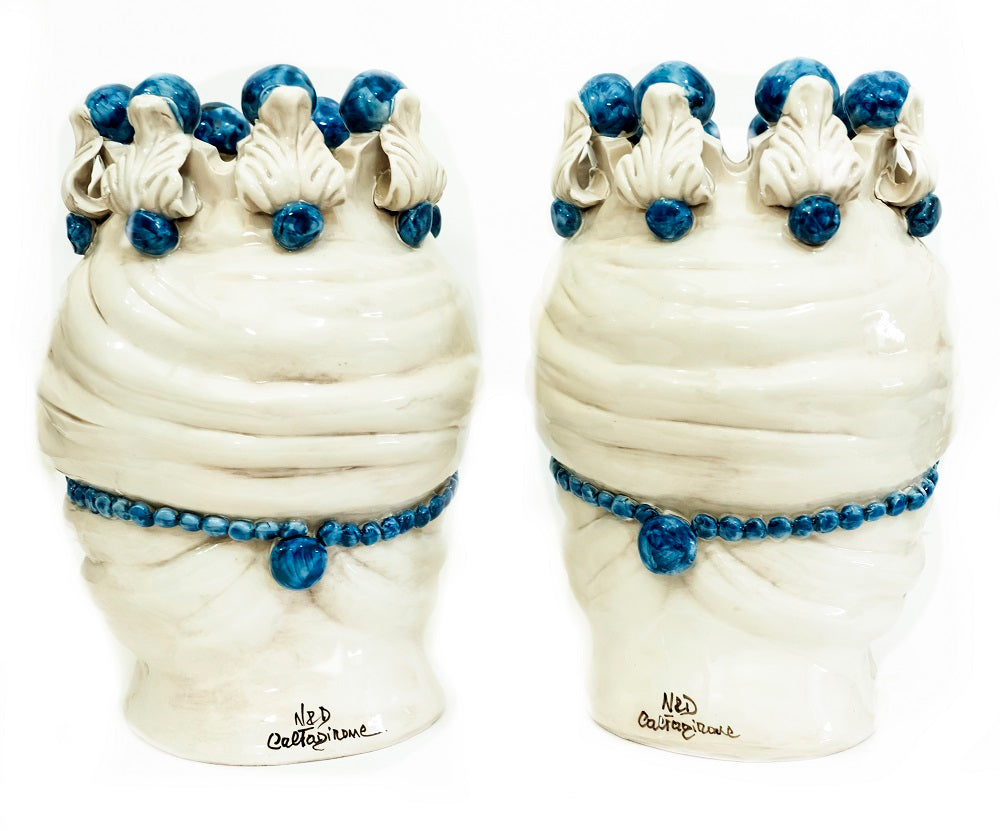 Pair of Sicilian ceramic Moor's heads from Caltagirone h30cm art. blue 