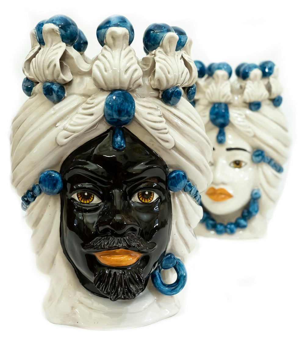 Pair of Sicilian ceramic Moor's heads from Caltagirone h30cm art. blue 