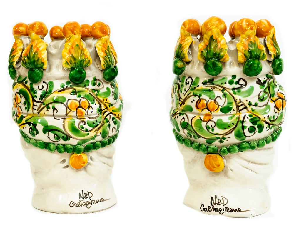 Coppia teste di moro in ceramica siciliana di Caltagirone h20cm art. giallo siciliano