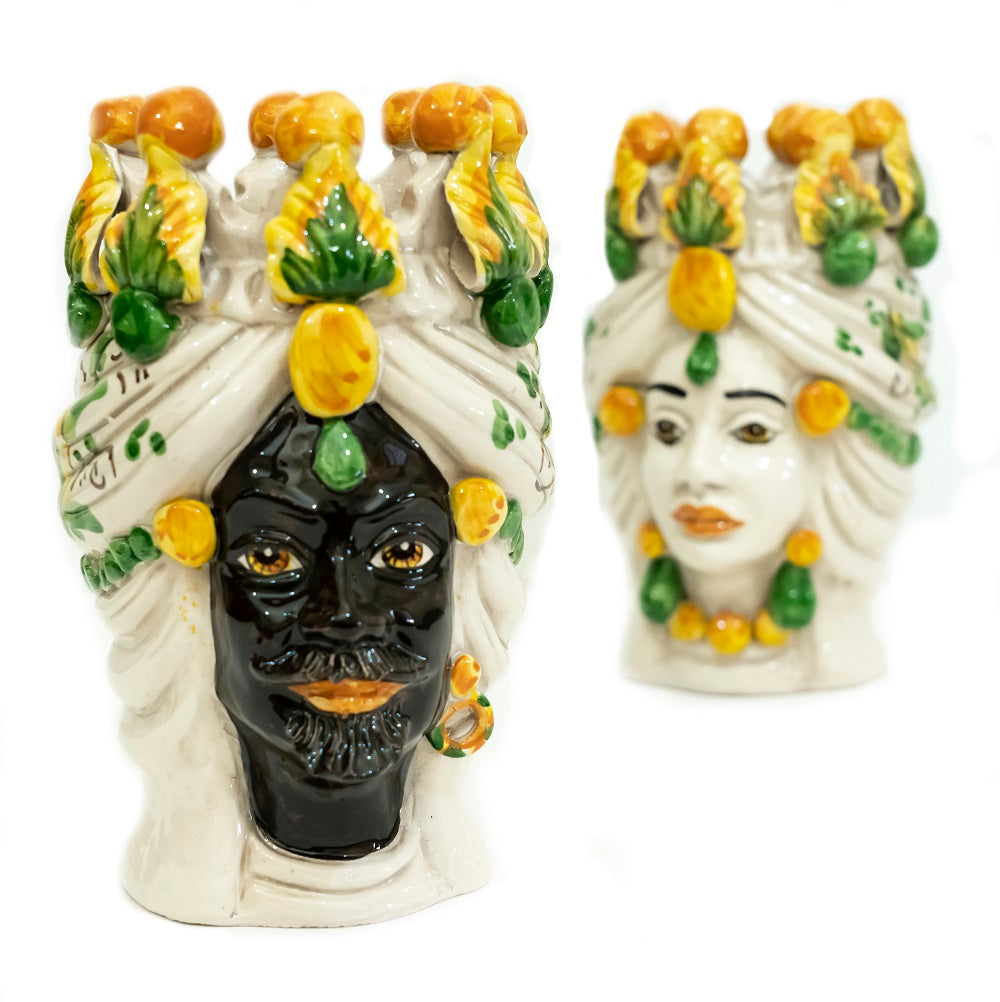 Coppia teste di moro in ceramica siciliana di Caltagirone h20cm art. giallo siciliano