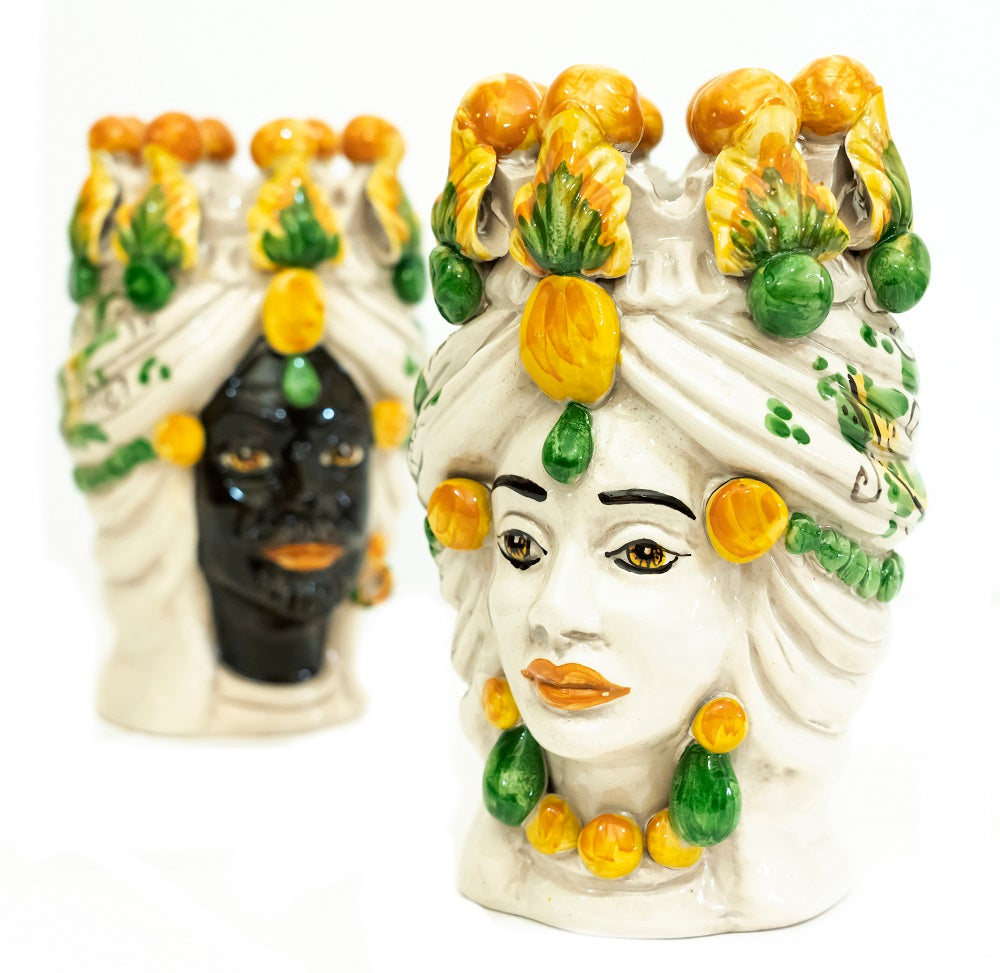 Coppia teste di moro in ceramica siciliana di Caltagirone h20cm art. giallo siciliano
