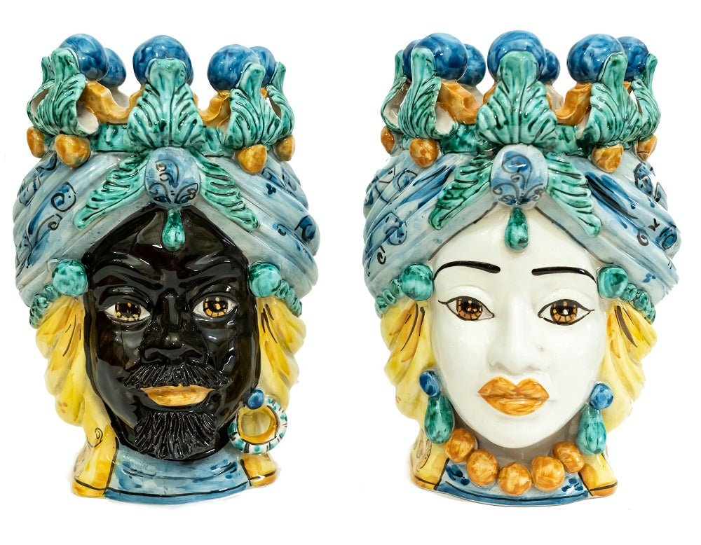 Coppia teste di moro in ceramica siciliana di Caltagirone h30cm art. blu siciliano