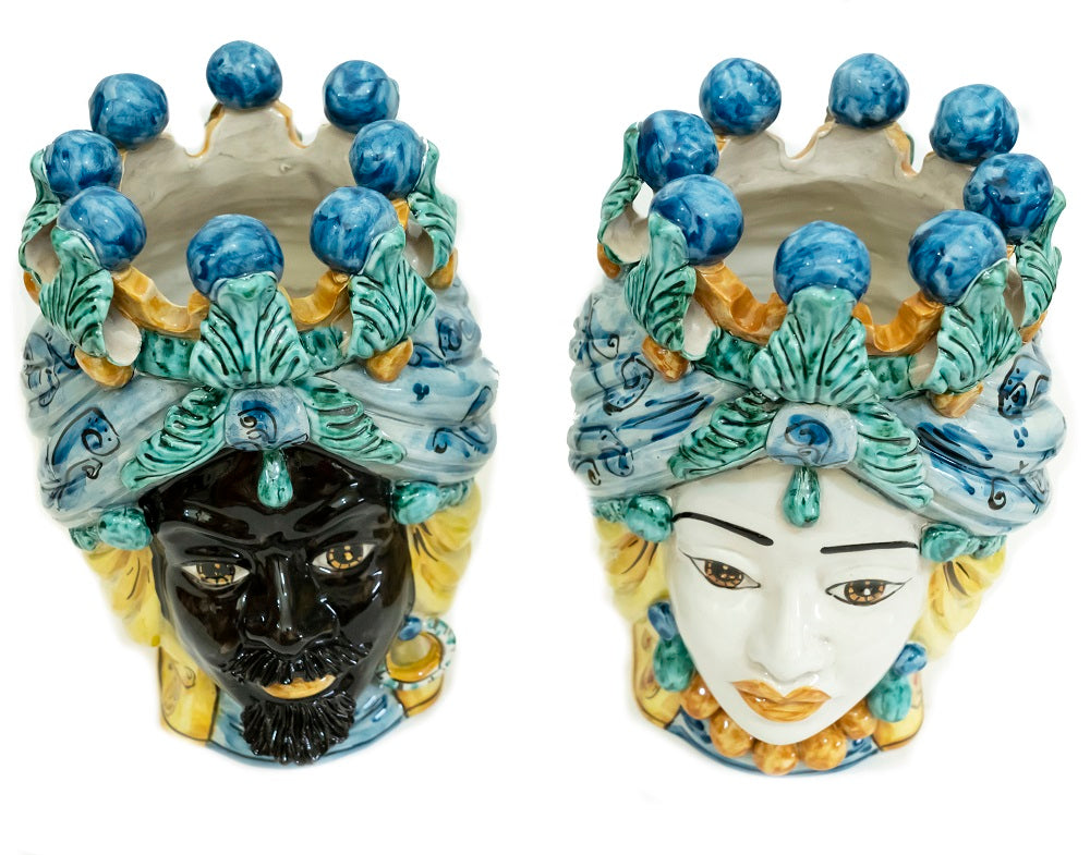 Pair of Sicilian ceramic Moor's heads from Caltagirone h30cm art. Sicilian blue 