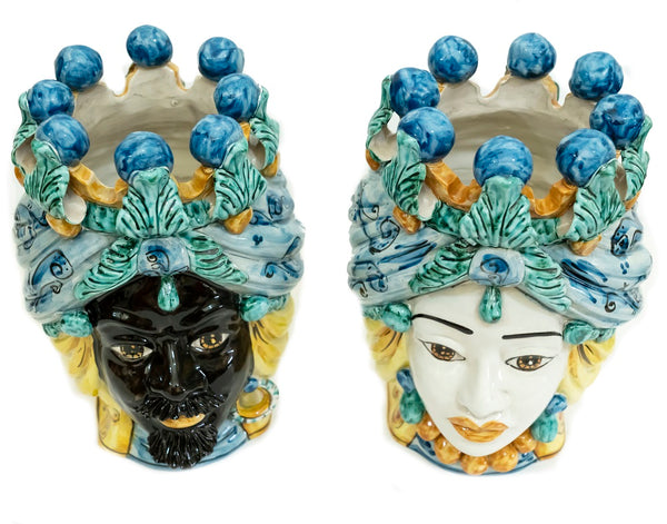 Coppia teste di moro in ceramica siciliana di Caltagirone h30cm art. blu siciliano