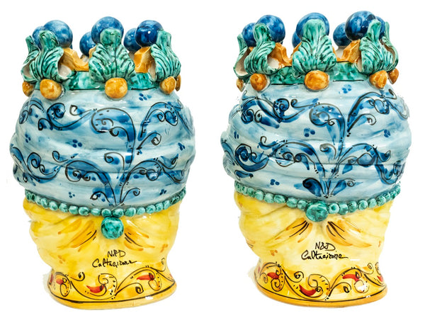 Coppia teste di moro in ceramica siciliana di Caltagirone h30cm art. blu siciliano
