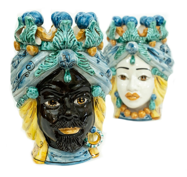 Coppia teste di moro in ceramica siciliana di Caltagirone h30cm art. blu siciliano