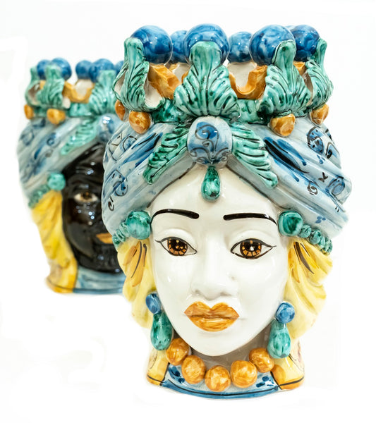 Coppia teste di moro in ceramica siciliana di Caltagirone h30cm art. blu siciliano