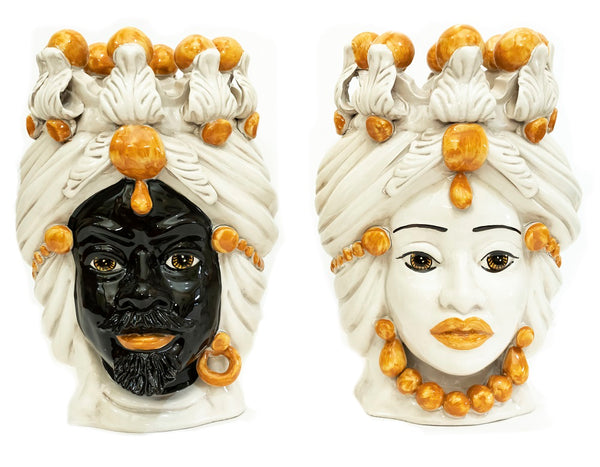 Coppia teste di moro in ceramica siciliana di Caltagirone h30cm art. arancio
