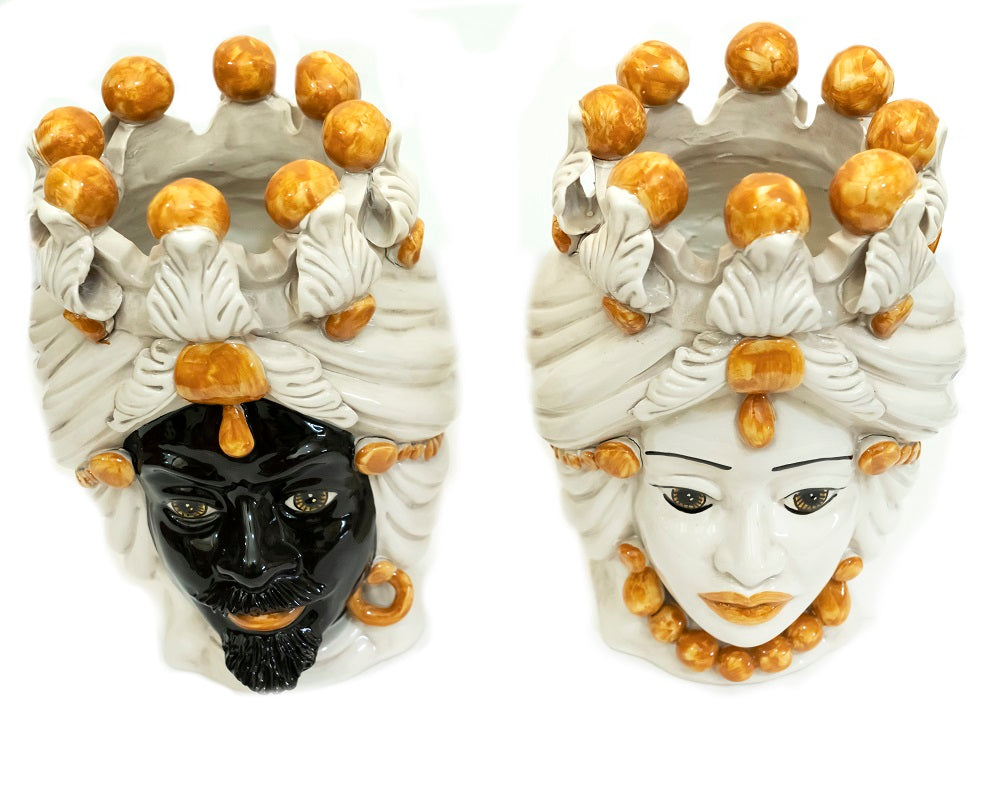 Coppia teste di moro in ceramica siciliana di Caltagirone h30cm art. arancio