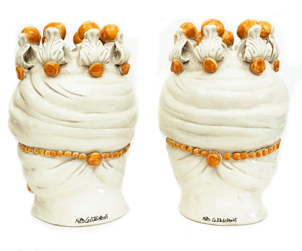 Coppia teste di moro in ceramica siciliana di Caltagirone h30cm art. arancio