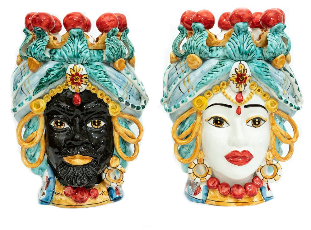 Pair of Sicilian ceramic Moor's heads from Caltagirone h30cm art. Cerchi 