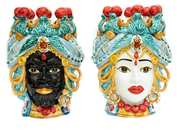 Coppia teste di moro in ceramica siciliana di Caltagirone h30cm art. cerchi