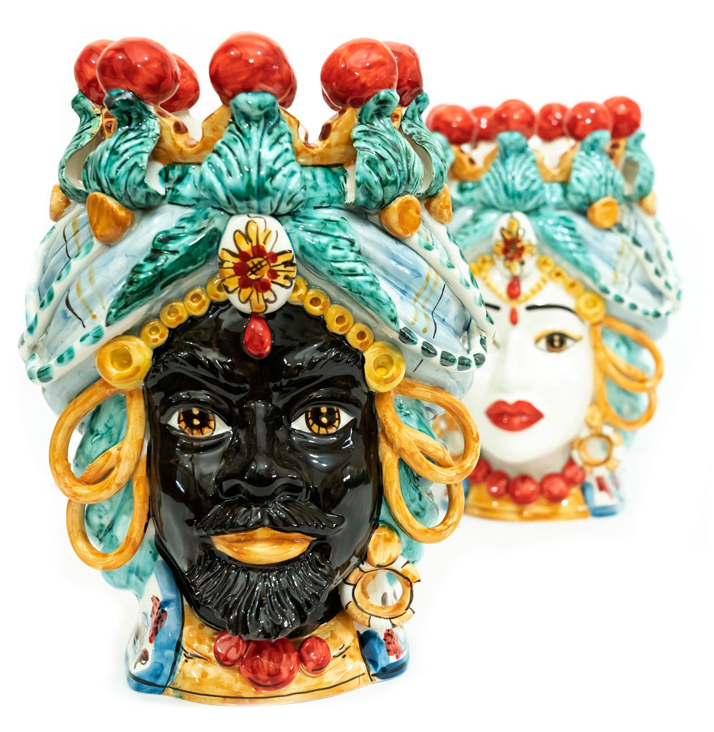 Pair of Sicilian ceramic Moor's heads from Caltagirone h30cm art. Cerchi 