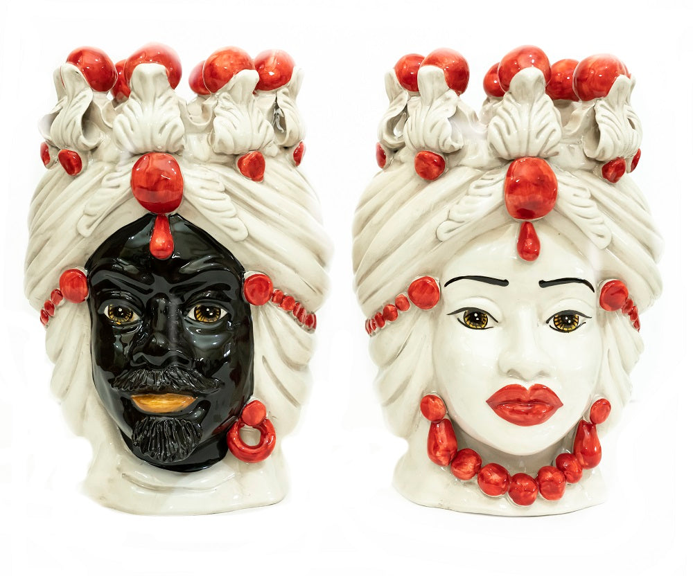 Pair of Sicilian ceramic Moor's heads from Caltagirone h30cm art. red 