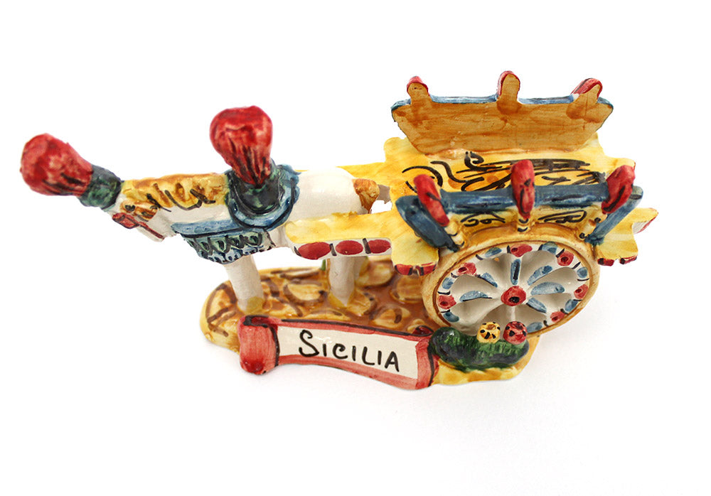 Carretto siciliano in ceramica siciliana di caltagirone realizzato e decorato a mano art arancio