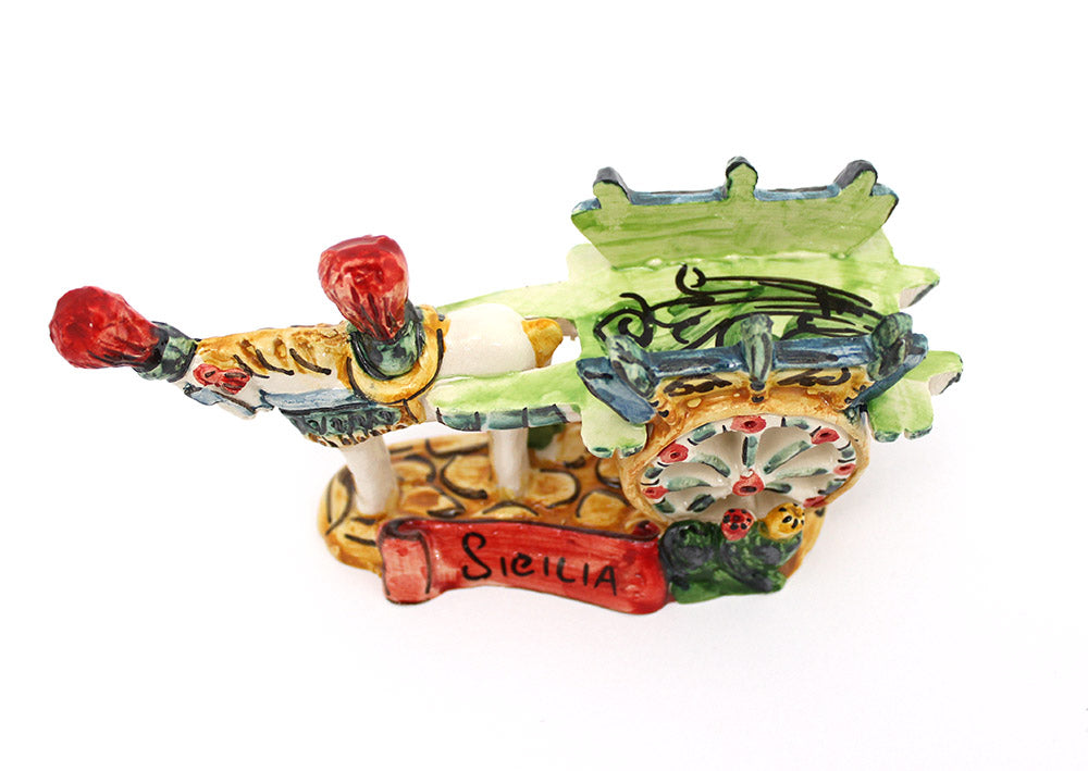 Hand-decorated Caltagirone Sicilian ceramic cart, green art