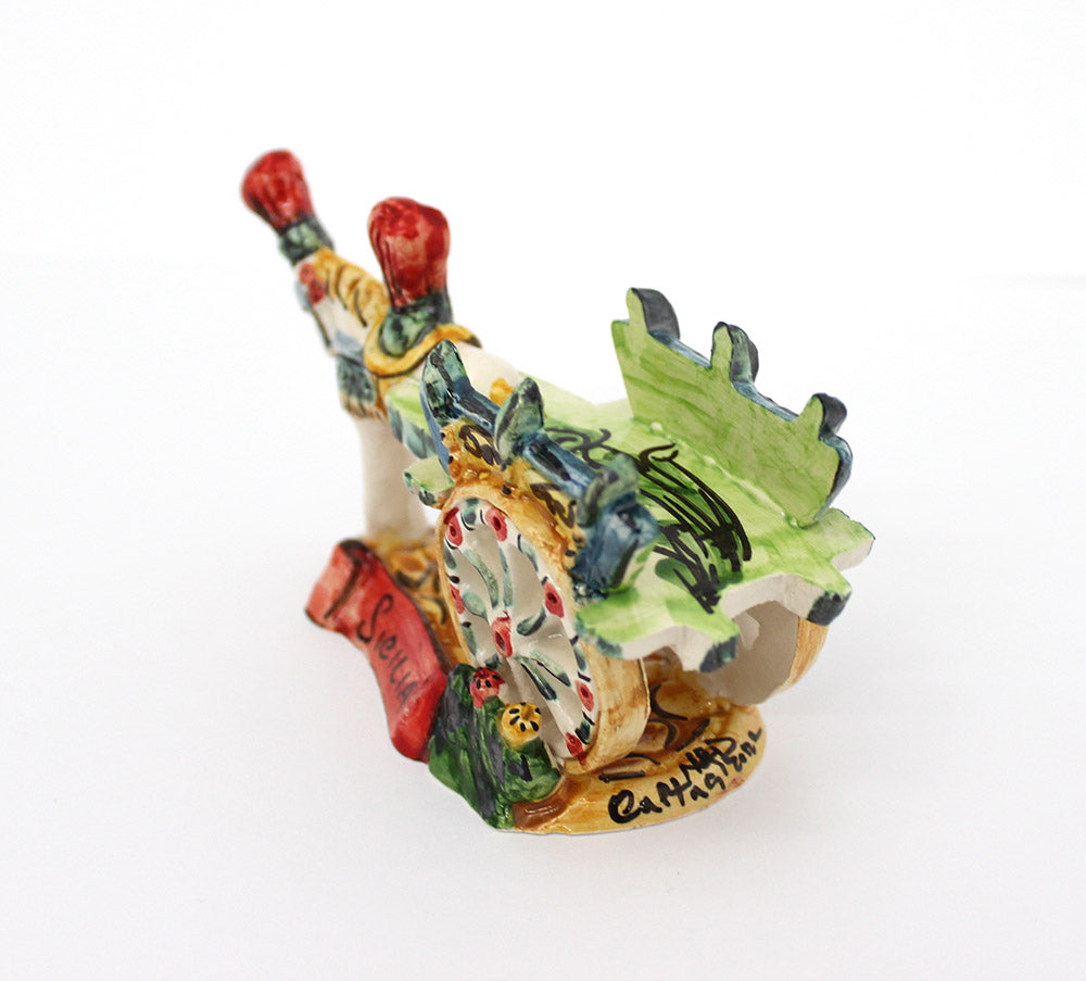 Hand-decorated Caltagirone Sicilian ceramic cart, green art