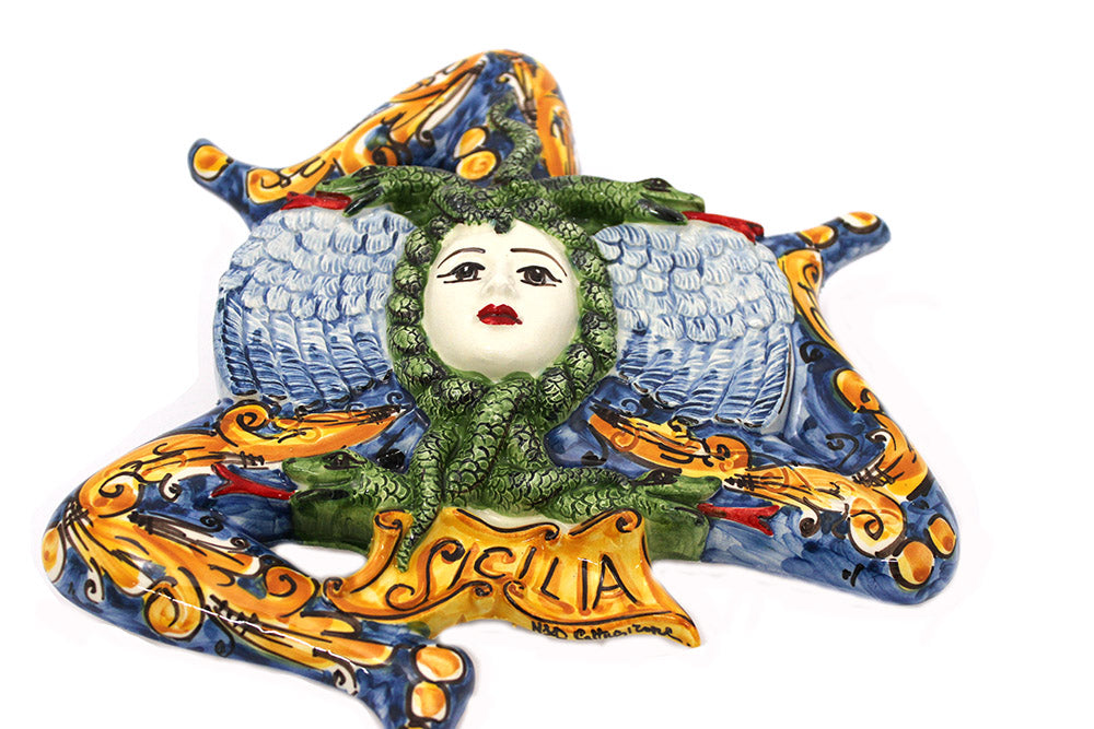 Sicilian Trinacria in Caltagirone ceramic made and decorated by hand D25cm 