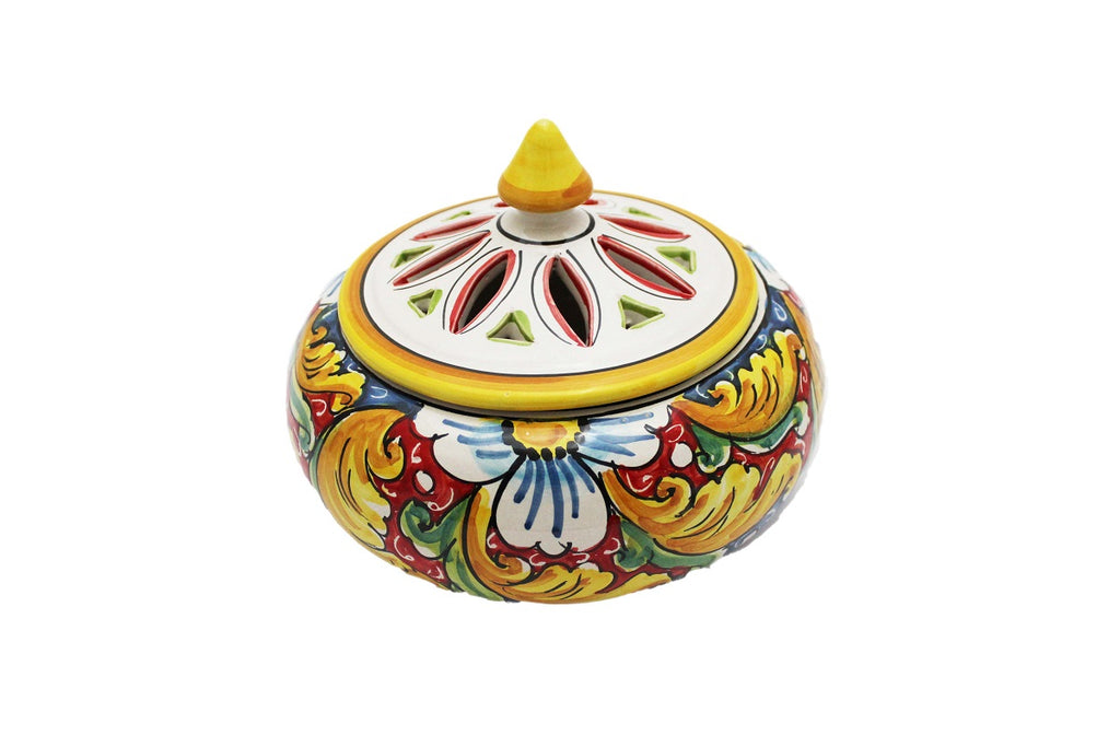 Large ceramic candy holder hand-decorated by Sicilian ceramists red flower art 1