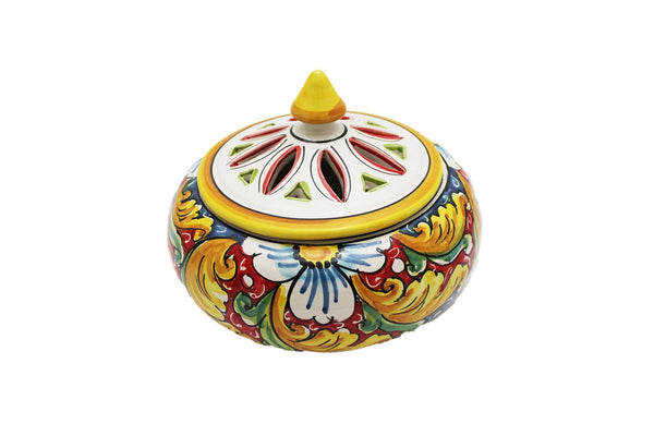 Portacaramelle grande in ceramica decorata a mano da ceramisti siciliani fiore rosso art 1
