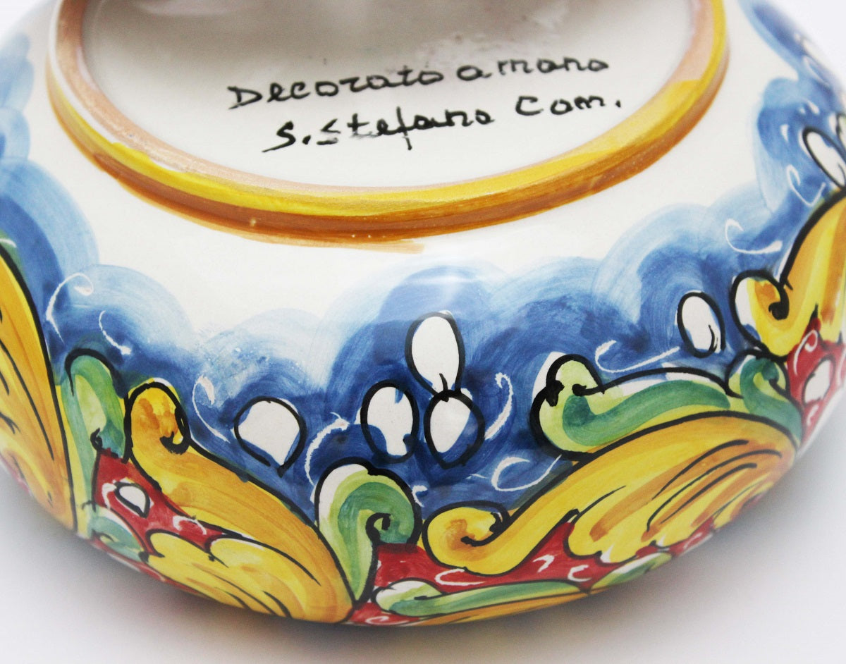 Large ceramic candy holder hand-decorated by Sicilian ceramists red flower art 1