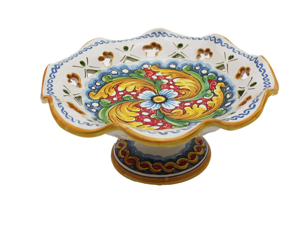 Medium ceramic stand centerpiece hand decorated by Sicilian ceramists red flower art 4