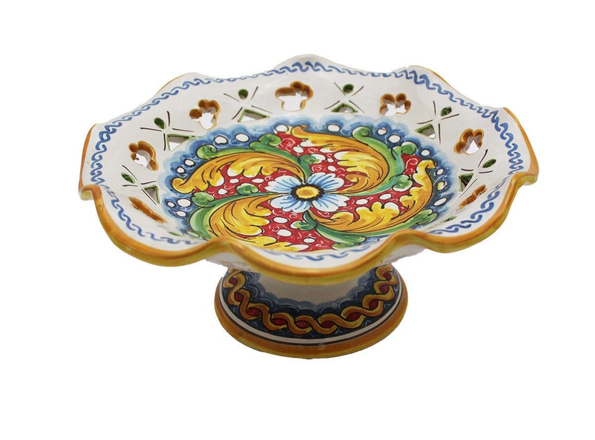 Centrotavola alzata media in ceramica decorata a mano da ceramisti siciliani fiore rosso art 4