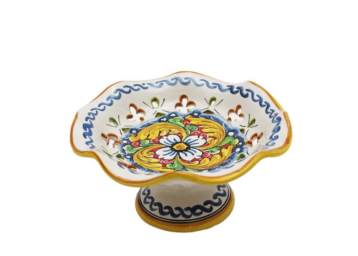 Centrotavola alzata piccola in ceramica decorata a mano da ceramisti siciliani fiore rosso art 5