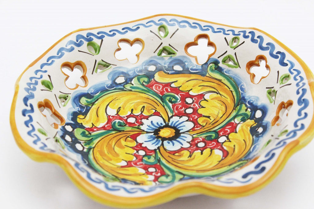 Large ceramic bowl hand decorated by Sicilian ceramists red flower art 22