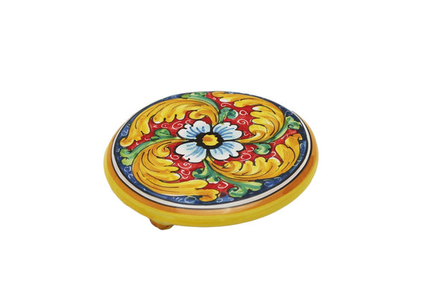 Sottopentola in ceramica decorata a mano da ceramisti siciliani fiore rosso art 19