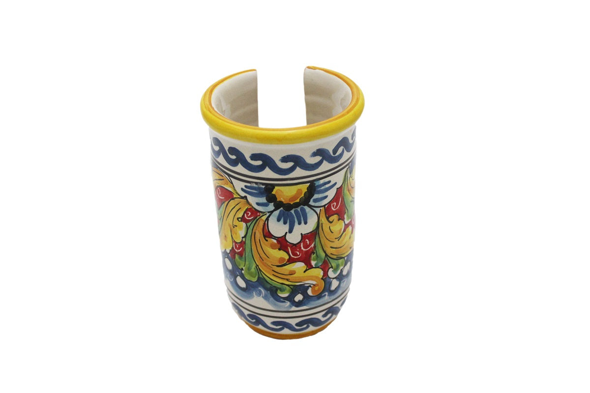 Portabicchieri piccolo in ceramica decorata a mano da ceramisti siciliani fiore rosso art 18