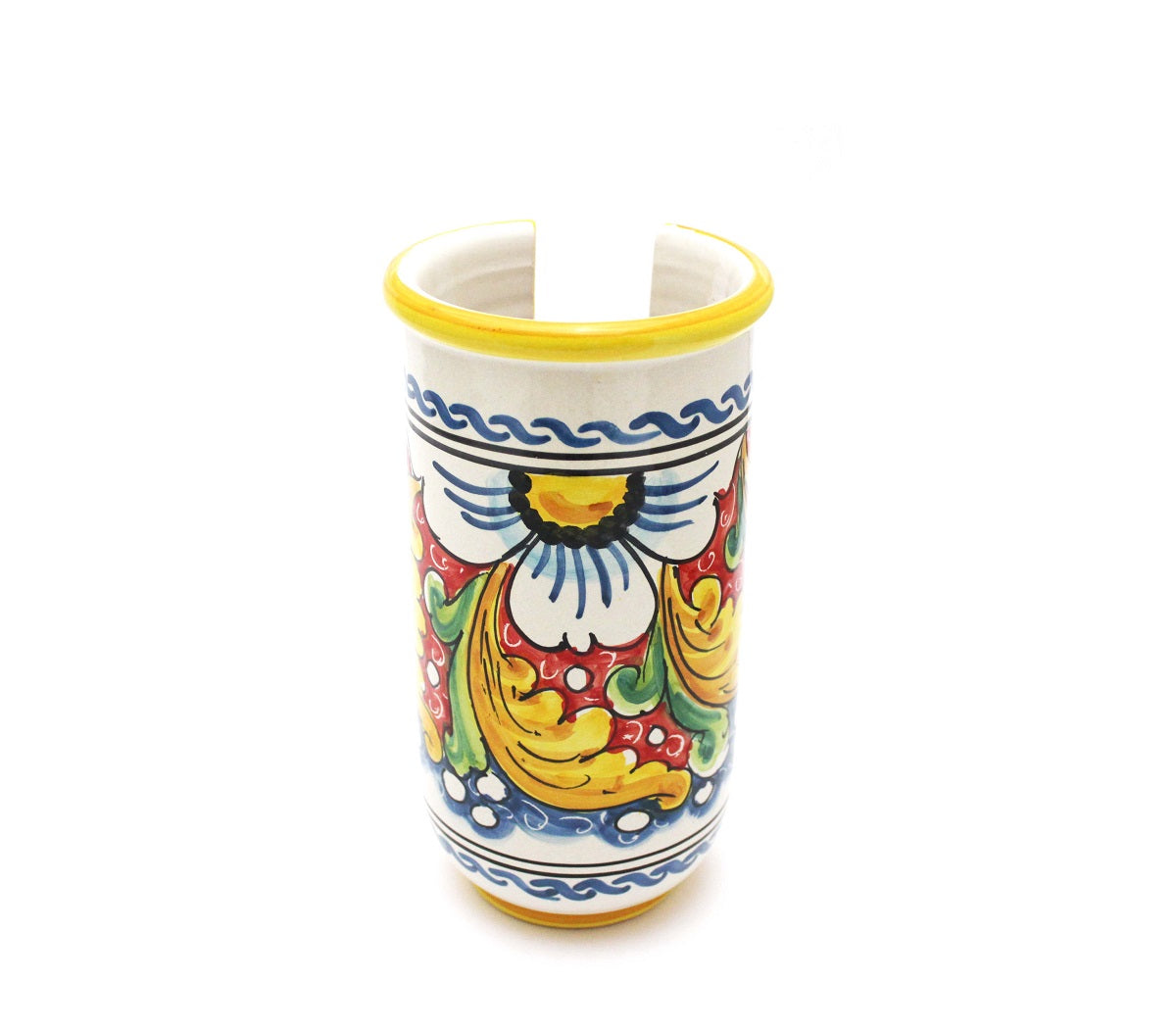 Portabicchieri grande in ceramica decorata a mano da ceramisti siciliani fiore rosso art 17