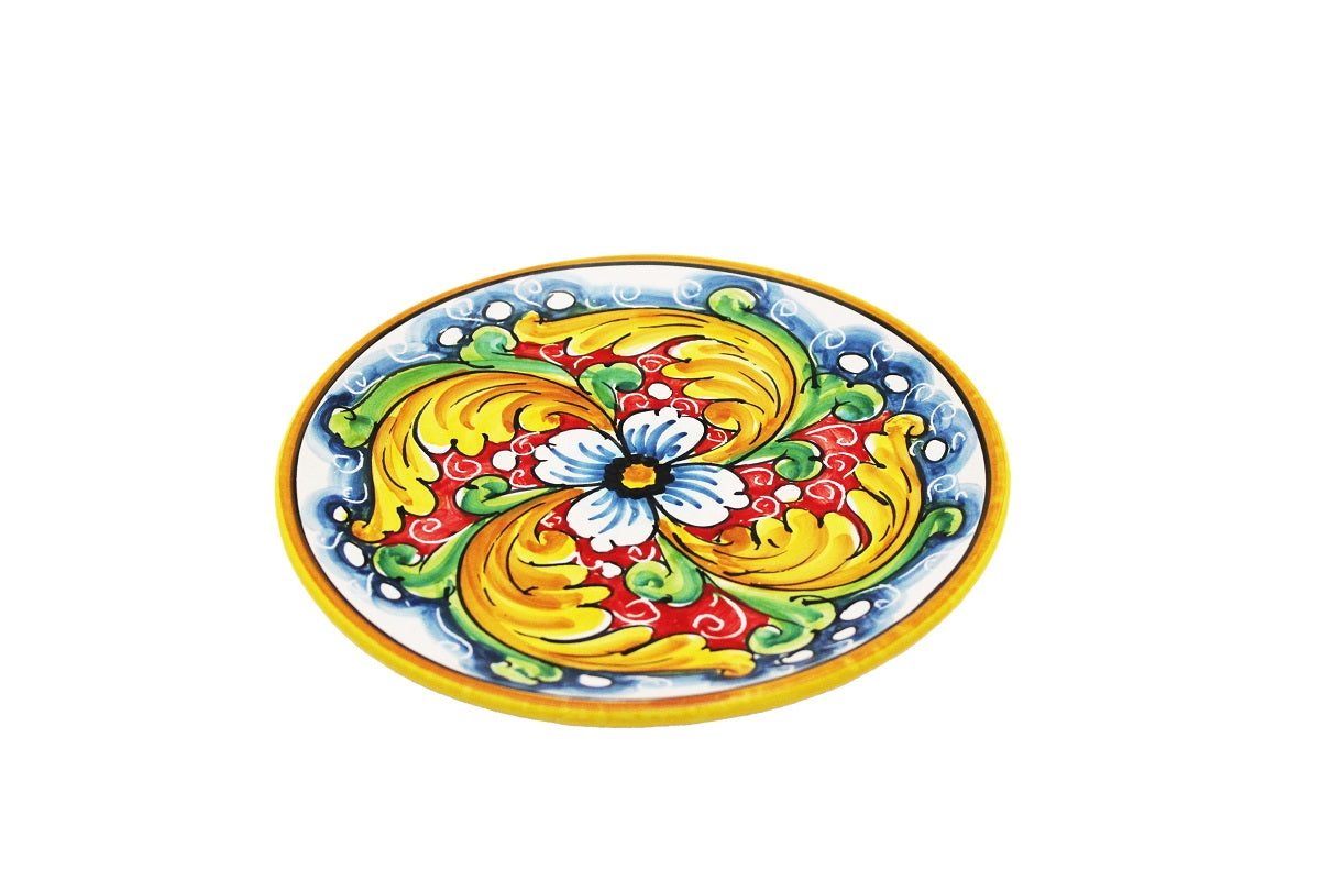 Piatto piccolo in ceramica decorata a mano da ceramisti siciliani fiore rosso art 14
