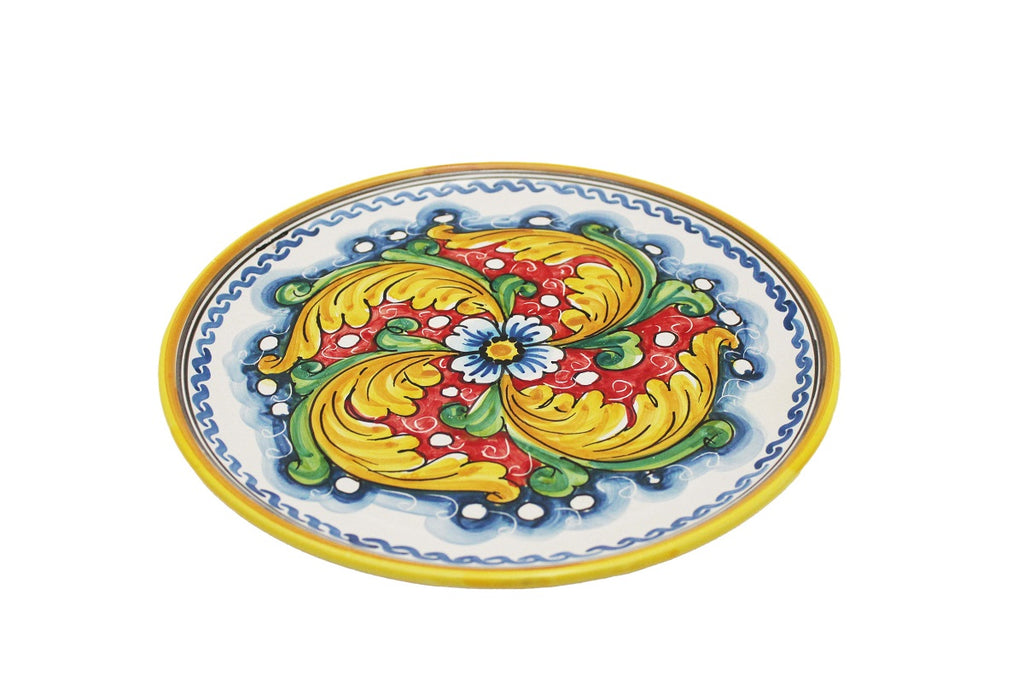 Piatto grande in ceramica decorata a mano da ceramisti siciliani fiore rosso art 12